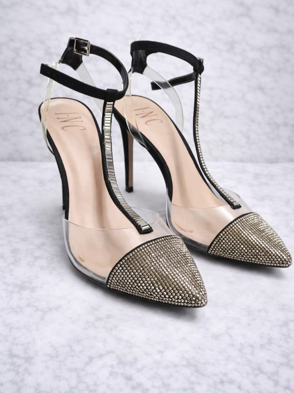 I.N.C Rhinestone T-Strap Heels – Clear Strap, Black & Gold Glam – Worn Once
